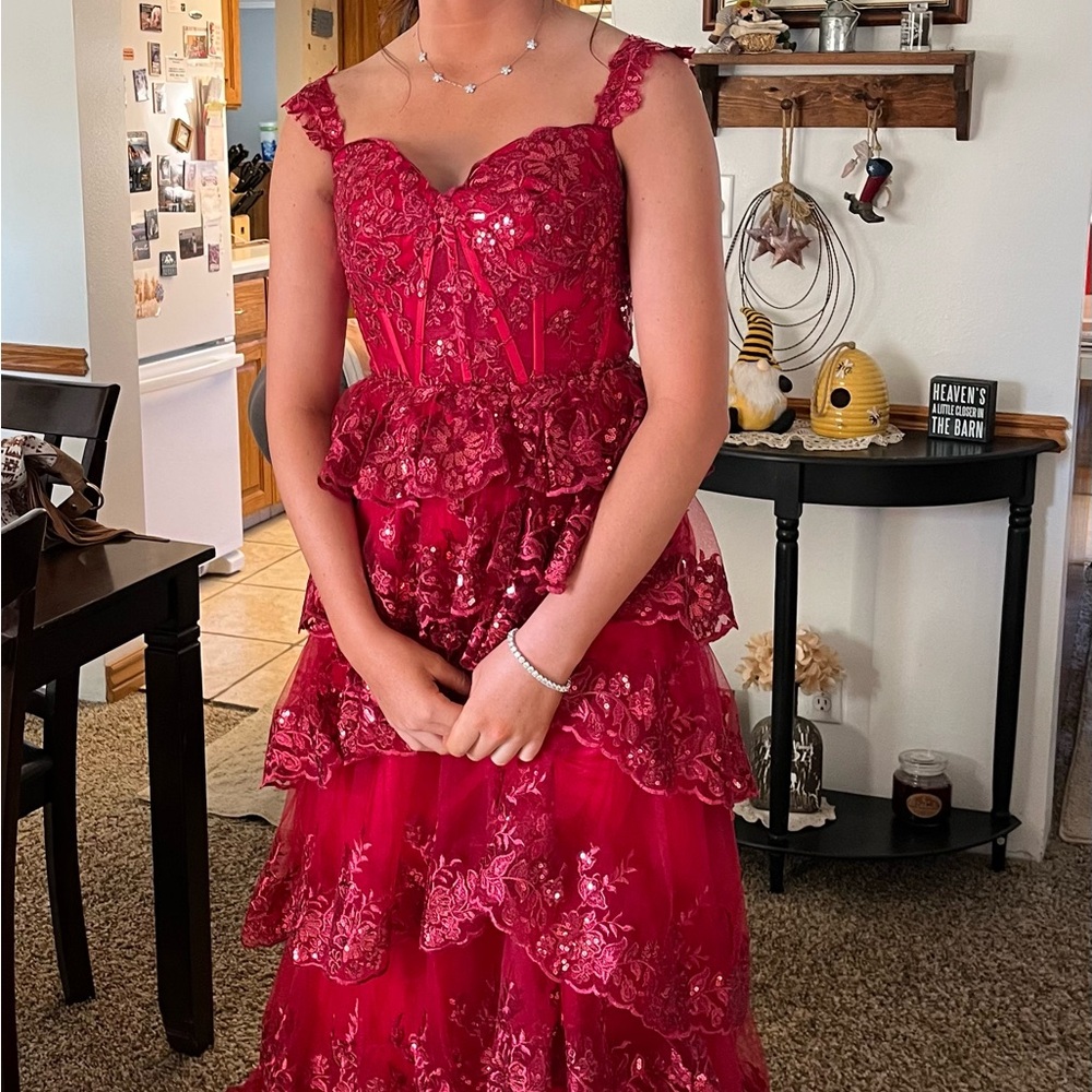 Sherri Hill Red Lace Prom Dress